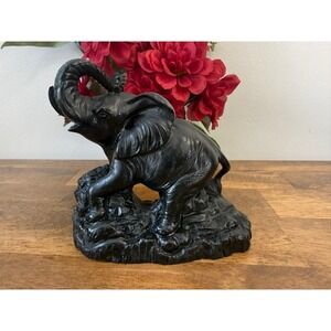 Vintage Hand Carved Coal Elephant Figurine Black Sculpture Decor Animal MCM‎